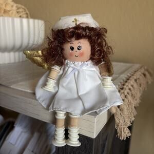Handmade‎ Folk Art Angel Doll Vintage Wooden Head Spool Leg Cottagecore Ornament
